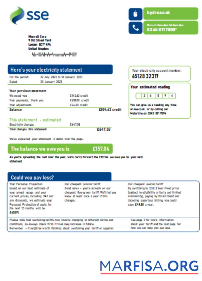 Printable SSE Energy utility business bill, SCR template